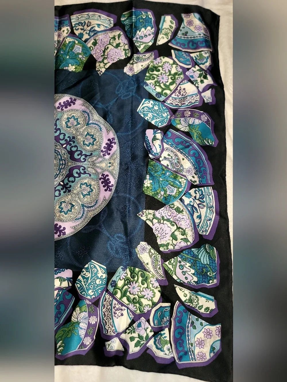Vintage Chinese Pottery Print Blue Purple Hand Rolled Silk Scarf 26